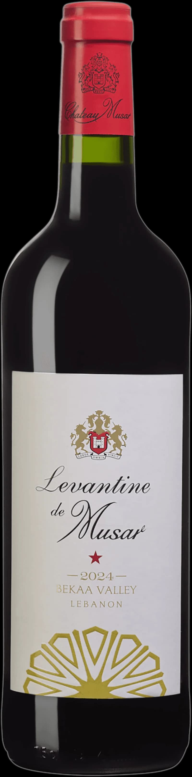 Flaska och glas med rött vin från Levantine de Musar