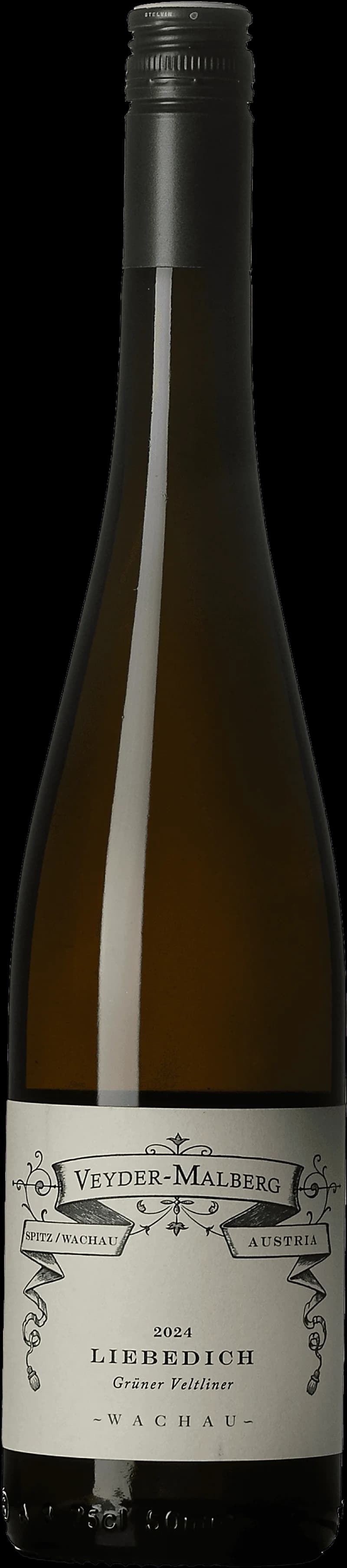 Flaska av Liebedich Grüner Veltliner vitt vin mot neutral bakgrund.
