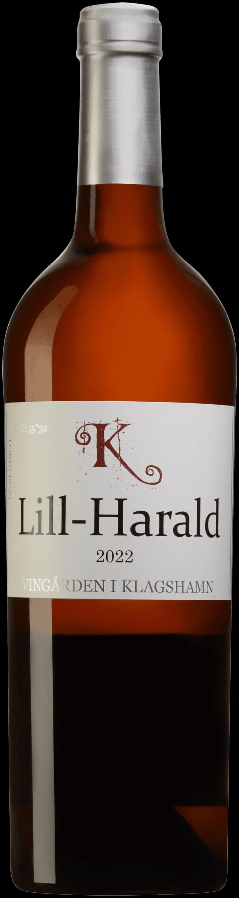 Flaska av Lill-Harald vitt vin mot ljus bakgrund