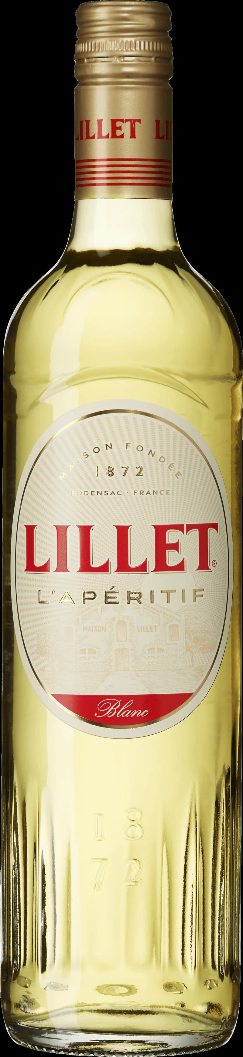Flaska Lillet Blanc och ett glas med dryck på ett bord.