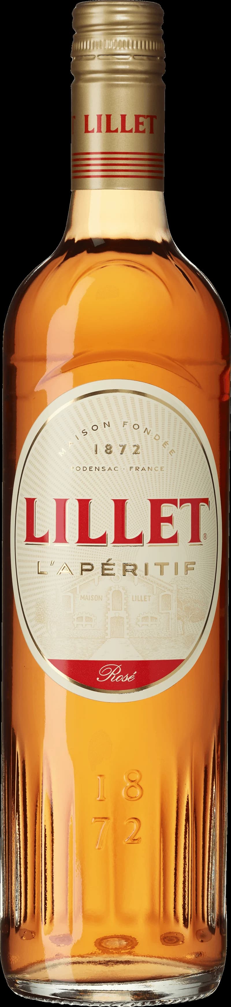 Flaska Lillet Rosé med glas och roséfärgad drink.