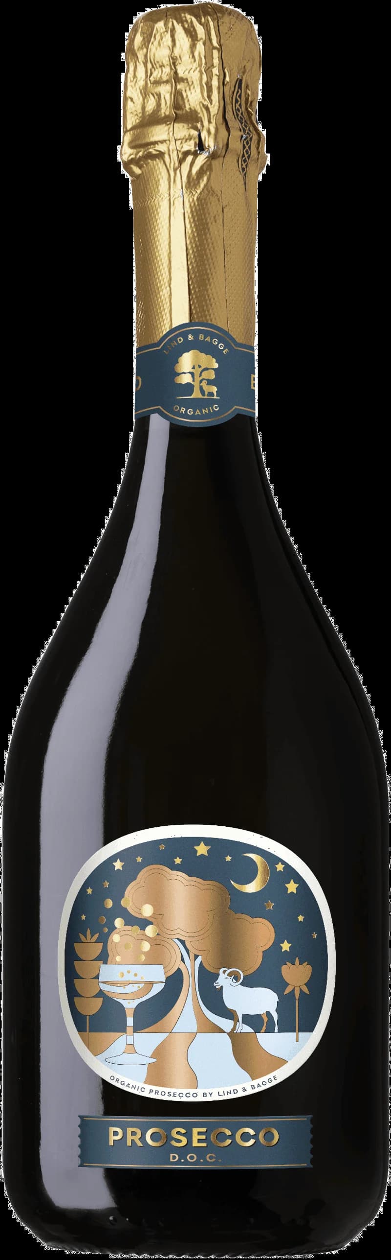 Flaska med Lind Bagge mousserande vin mot ljus bakgrund