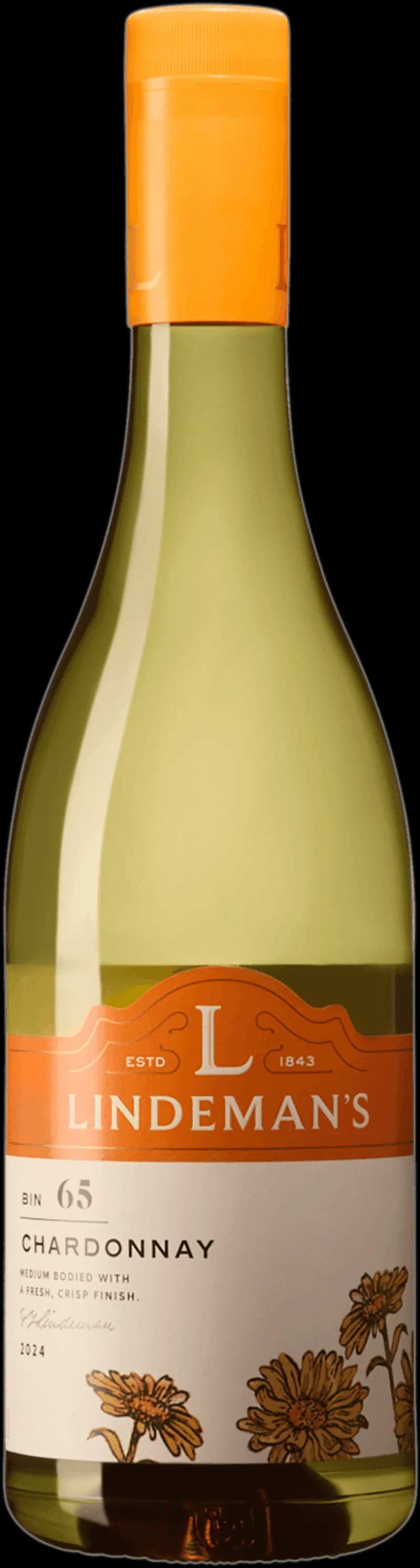 Flaska Lindeman's Bin 65 vitt vin mot vit bakgrund
