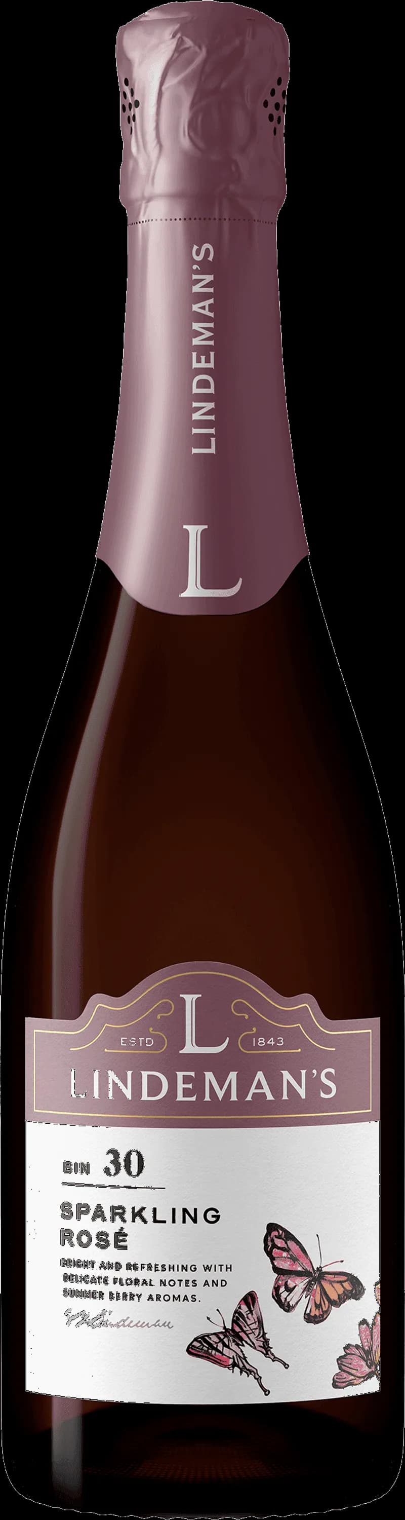 Flaska med Lindeman's mousserande vin mot ljus bakgrund.