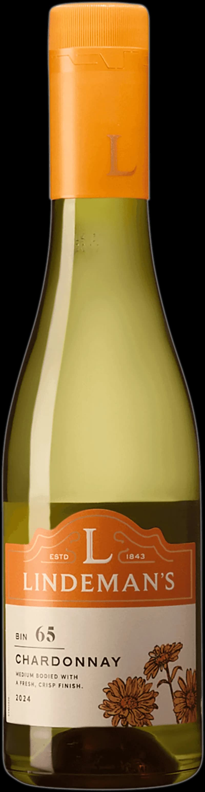 Flaska med Lindemans Bin 65 vitt vin mot ljus bakgrund