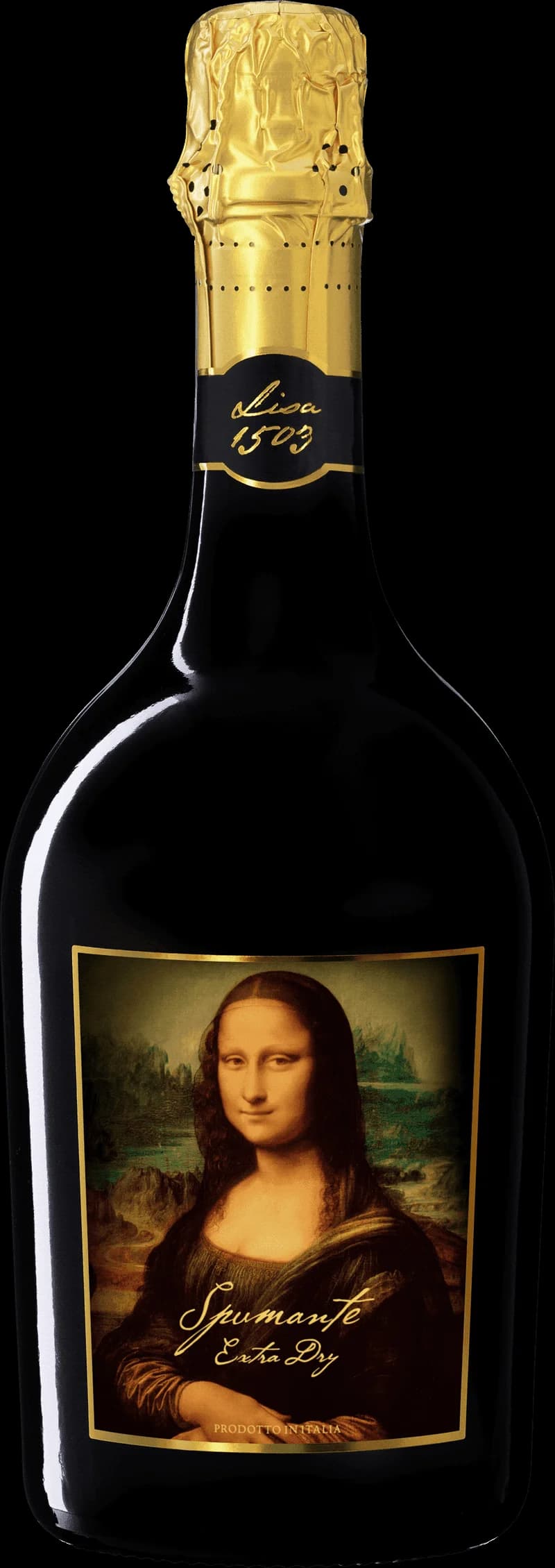 Flaska av mousserande vin från Lisa 1503, presenterat mot en neutral bakgrund.