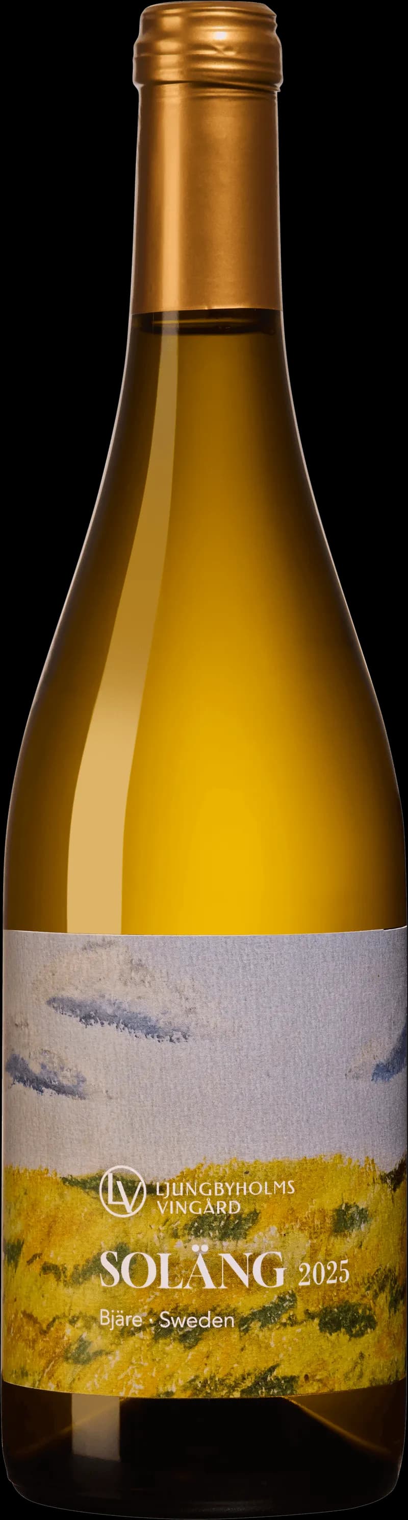 Flaska vitt vin från Ljungbyholms vingård mot en ljus bakgrund.