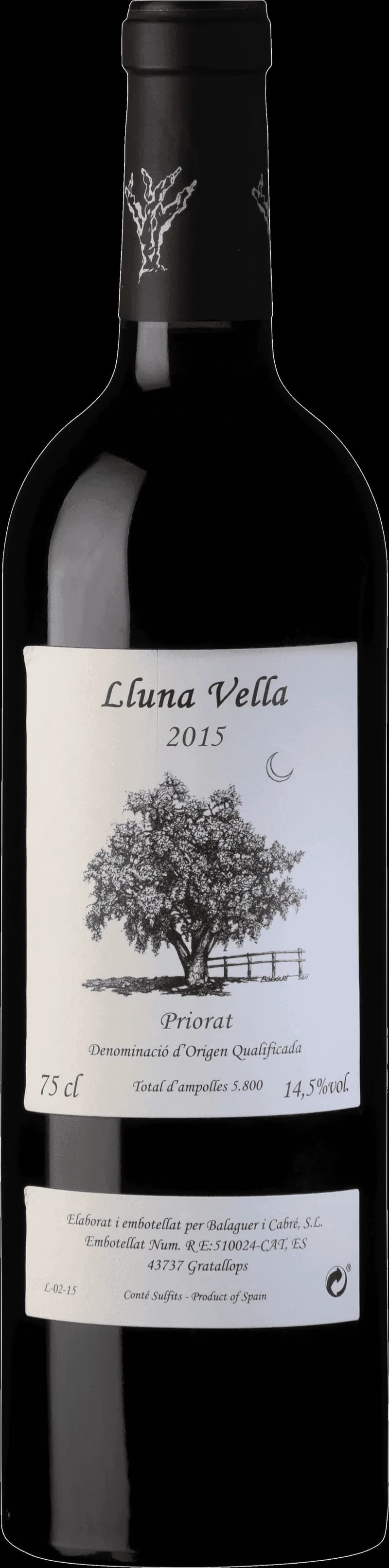 Flaska av rött vin Lluna Vella på en bordsservering.