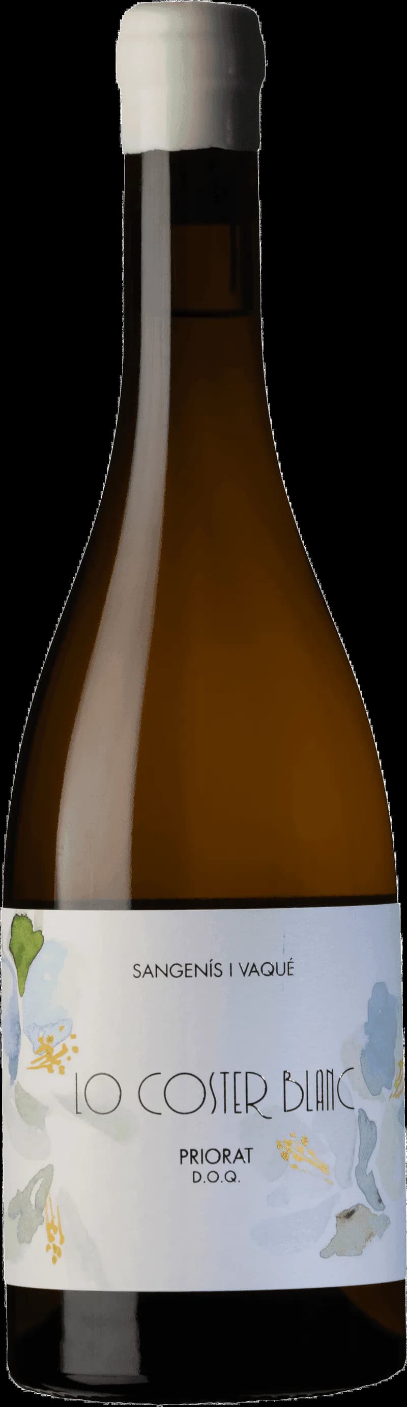 Flaska av Lo Coster Blanc vitt vin på vit bakgrund.