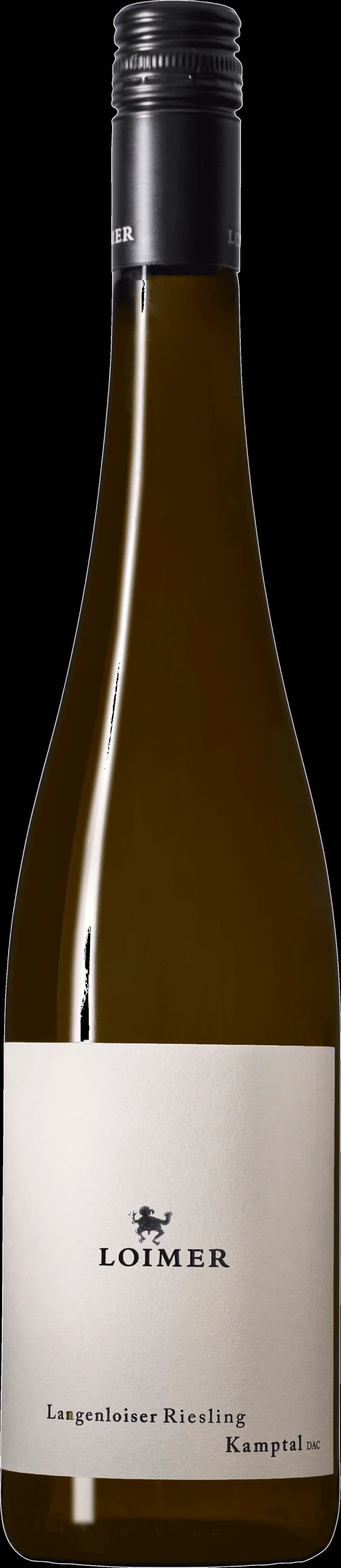 Flaska av Loimer vitt vin mot en neutral bakgrund.