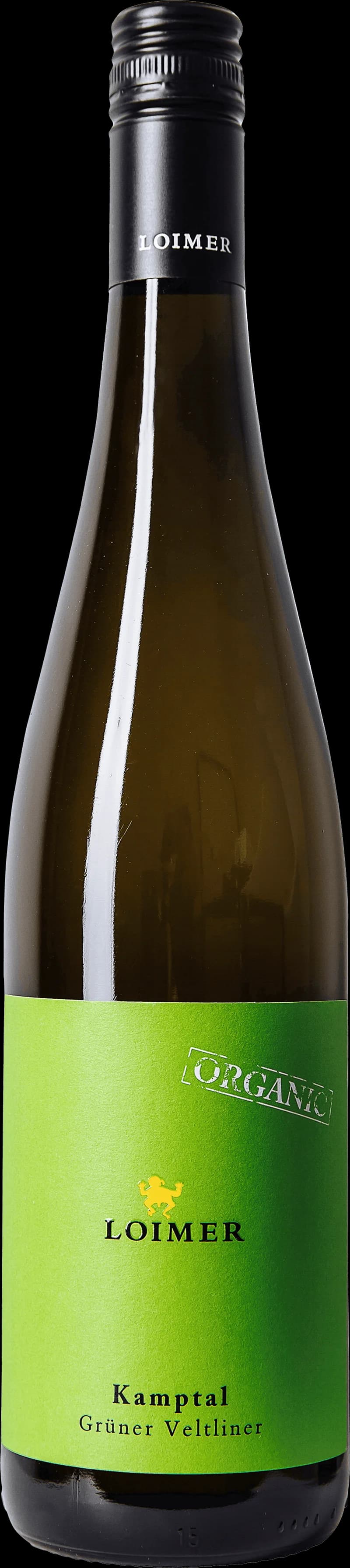 Flaska av Loimer vitt vin mot en ljus bakgrund.