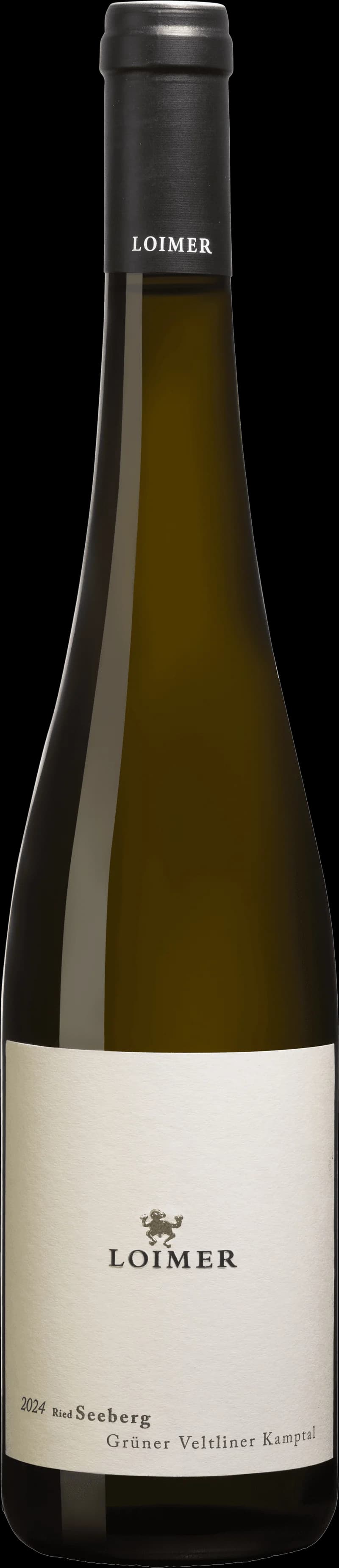 Flaska av Loimer vitt vin mot ljus bakgrund