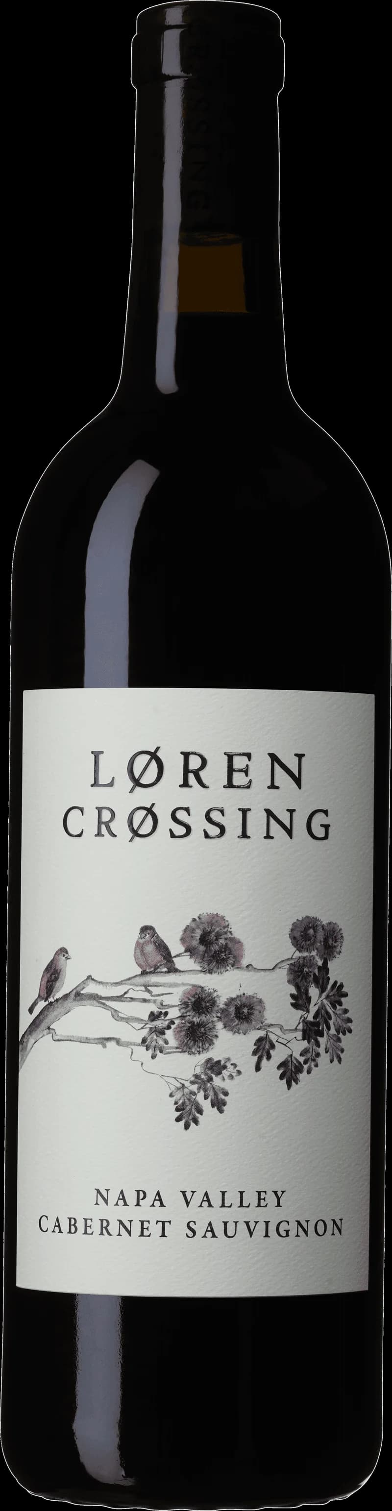 Flaska med Loren Crossing rött vin på en mörk bakgrund.