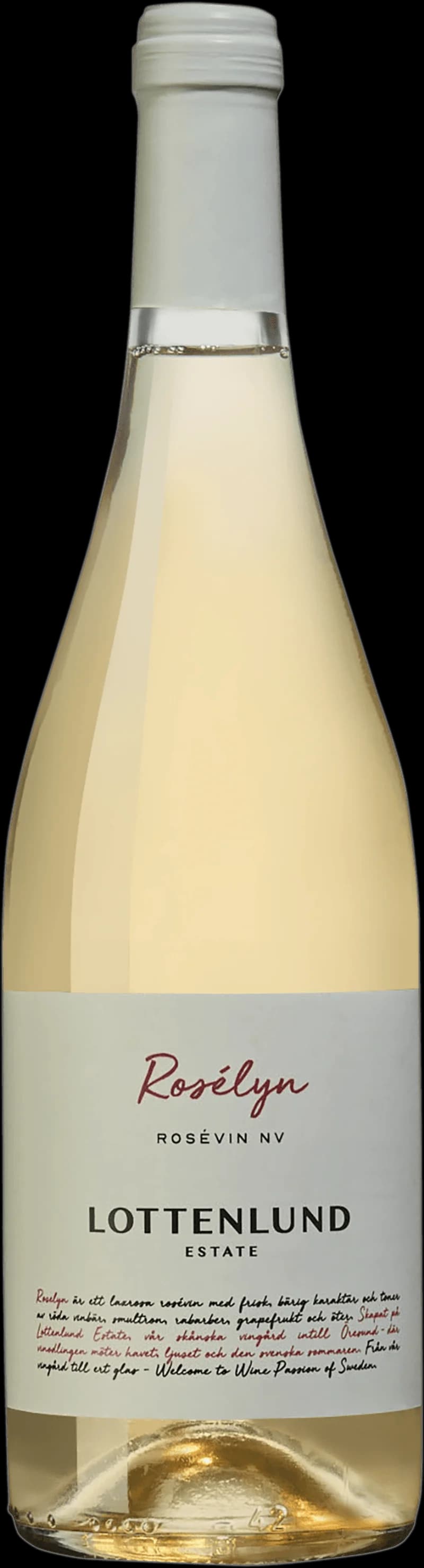 Flaska och glas med Lottenlund Estate rosévin mot ljus bakgrund.