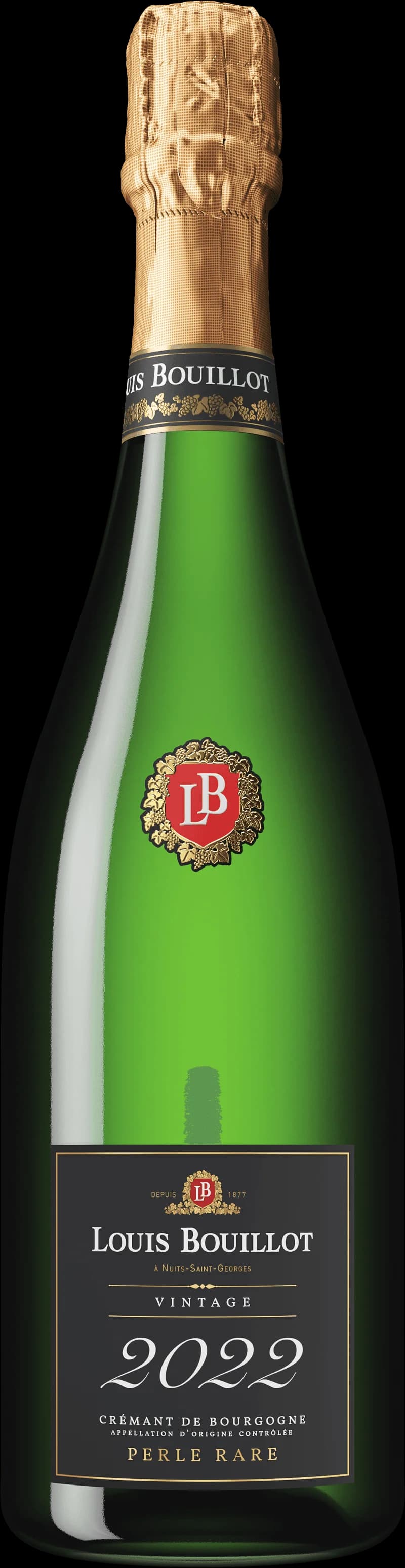 Flaska av Louis Bouillot mousserande vin mot neutral bakgrund.