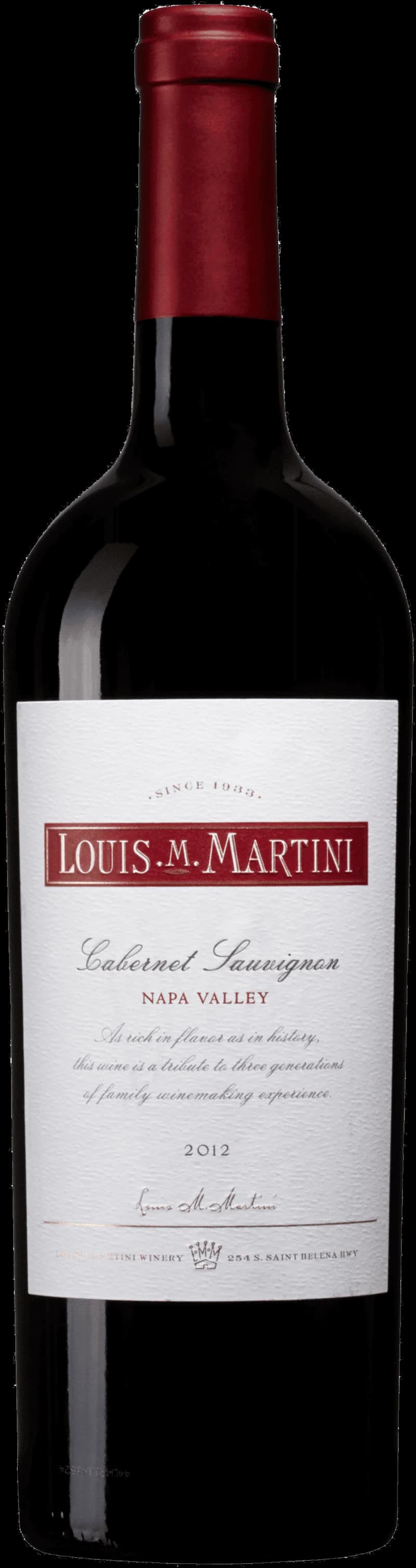 Flaska av rött vin från Louis M. Martini på en bordsservering.