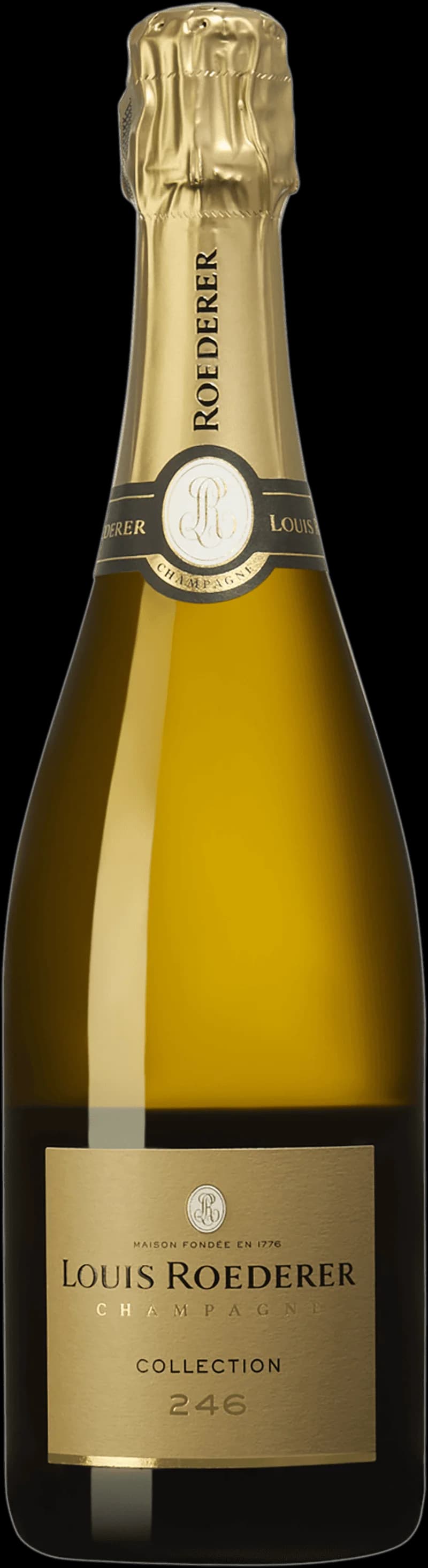 Flaska av Louis Roederer mousserande vin mot neutral bakgrund.