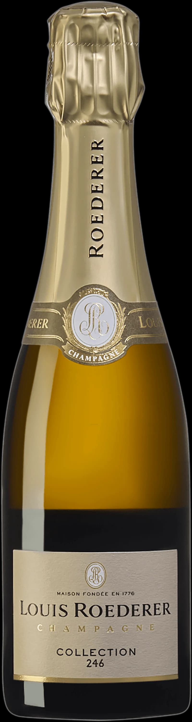 Flaska av Louis Roederer mousserande vin mot en mörk bakgrund.