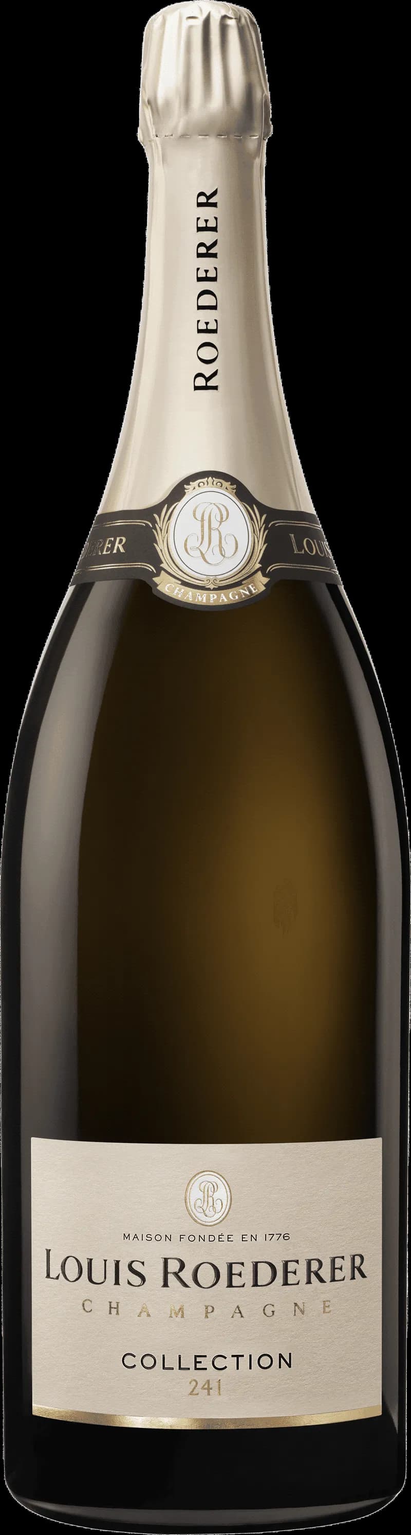 Flaska av Louis Roederer mousserande vin mot neutral bakgrund
