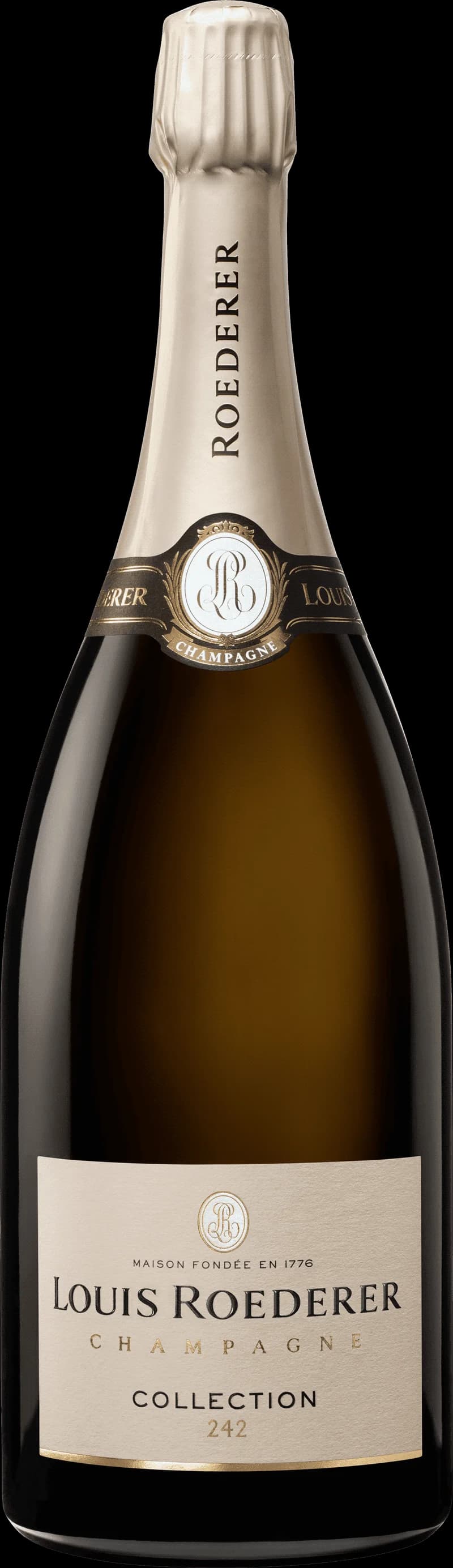 Flaska av Louis Roederer mousserande vin mot mörk bakgrund