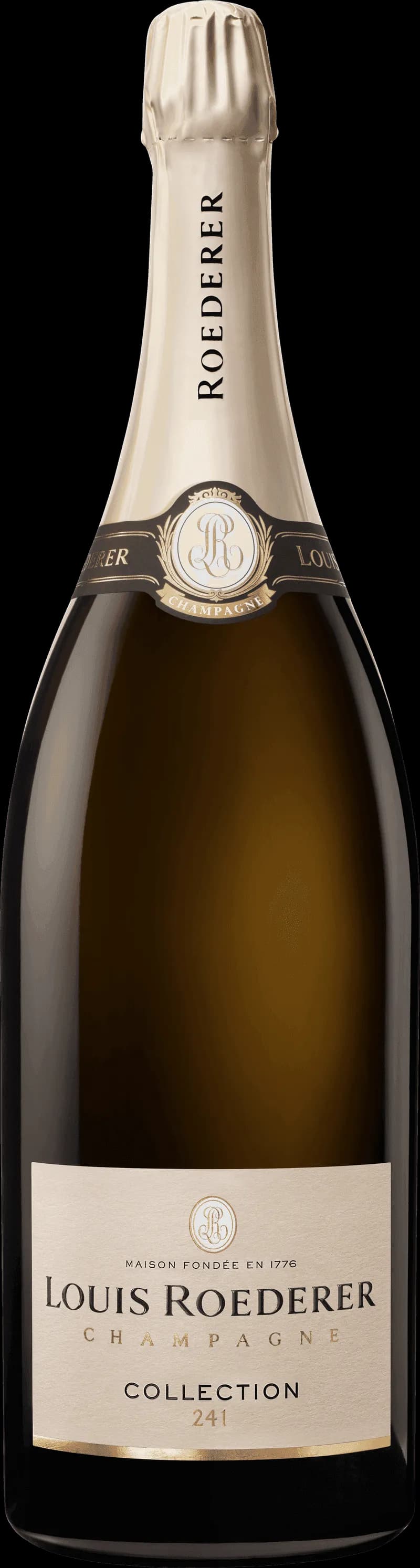 Flaska av Louis Roederer mousserande vin mot neutral bakgrund.