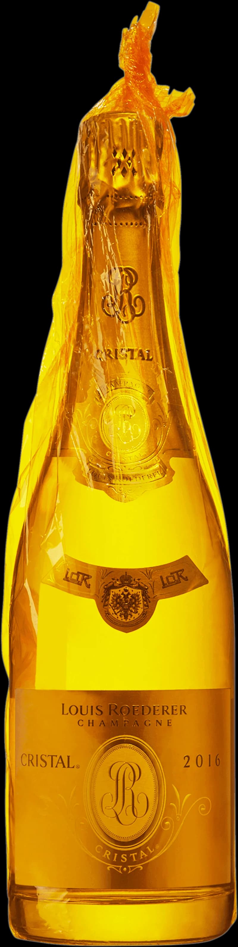 Flaska av Louis Roederer mousserande vin mot en mörk bakgrund.