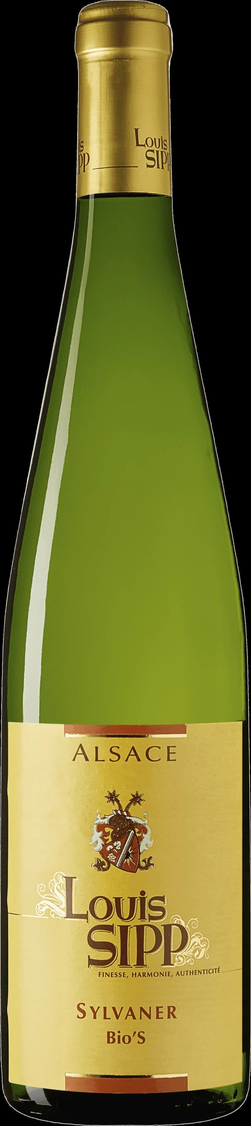 Flaska av vitt vin från Louis Sipp på en ljus bakgrund
