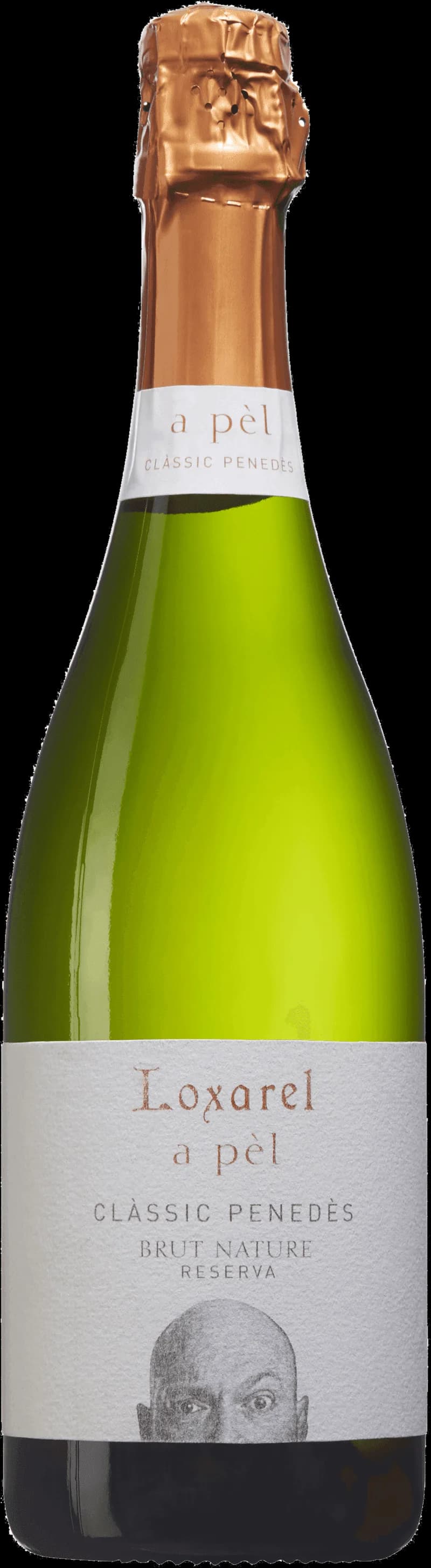Flaska av Loxarel A.P.L. mousserande vin mot ljus bakgrund.