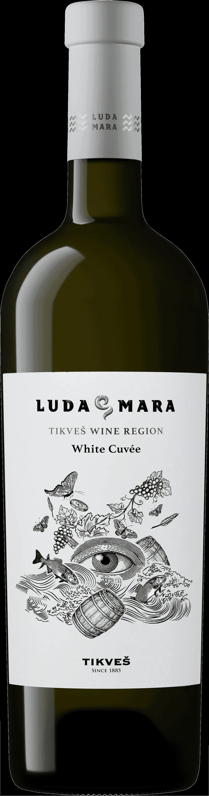 Flaska av Luda Mara vitt vin på en ljus bakgrund.