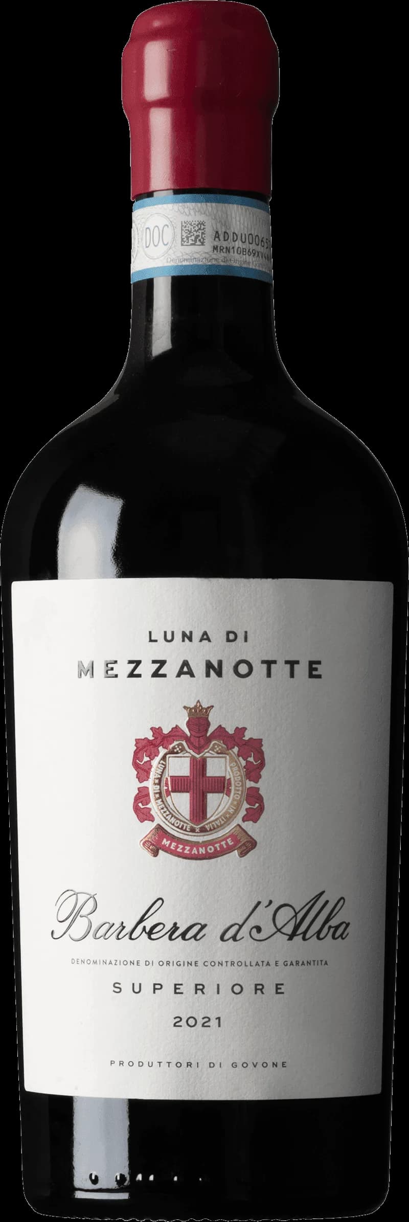 Flaska av rött vin Luna di Mezzanotte mot mörk bakgrund