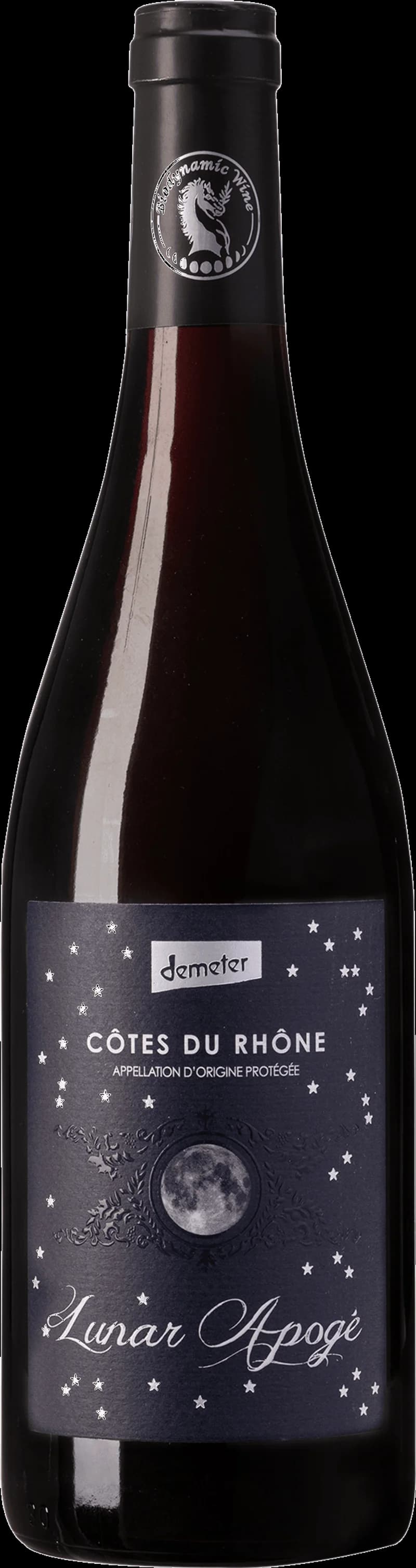 Flaska av rött vin Lunar Apoge mot mörk bakgrund