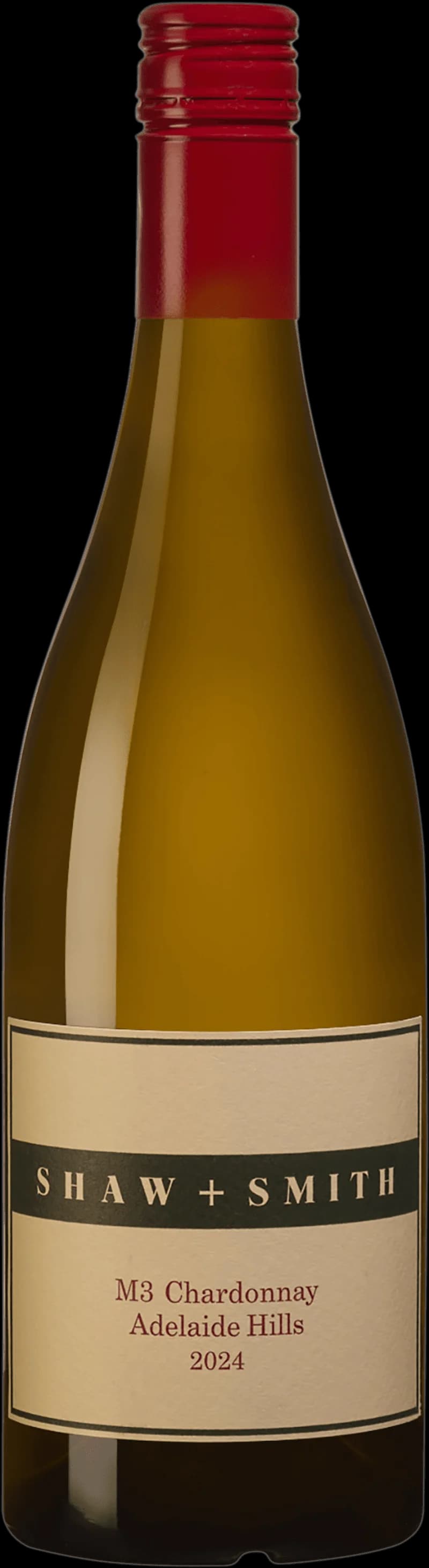 Flaska av M3 Chardonnay, ett vitt vin, på vit bakgrund.