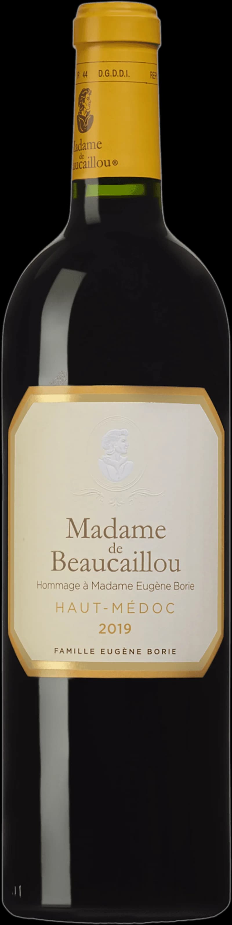 Flaska av rött vinet Madame de Beaucaillou på vit bakgrund.