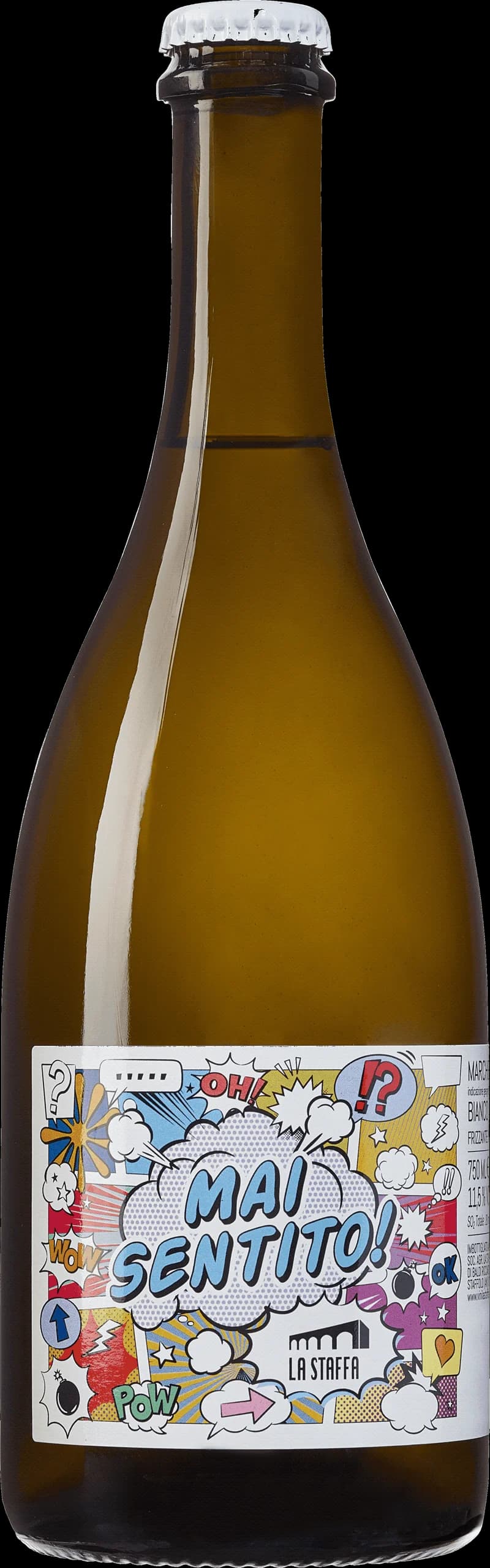 Flaska av vitt vin från Mai Sentito på en ljus bakgrund.