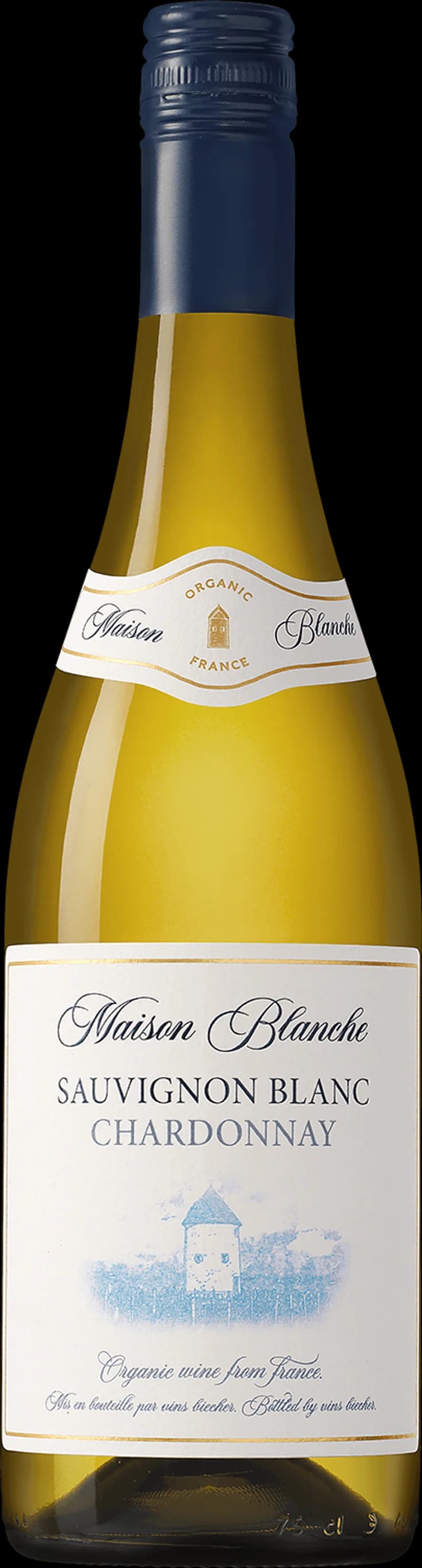 Flaska av Maison Blanche vitt vin på en ljus bakgrund.