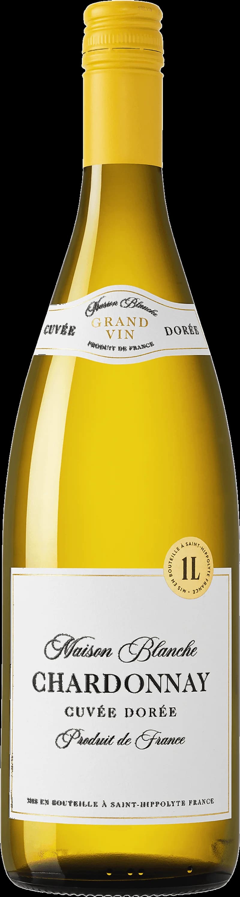 Flaska av Maison Blanche vitt vin på en ljus bakgrund.