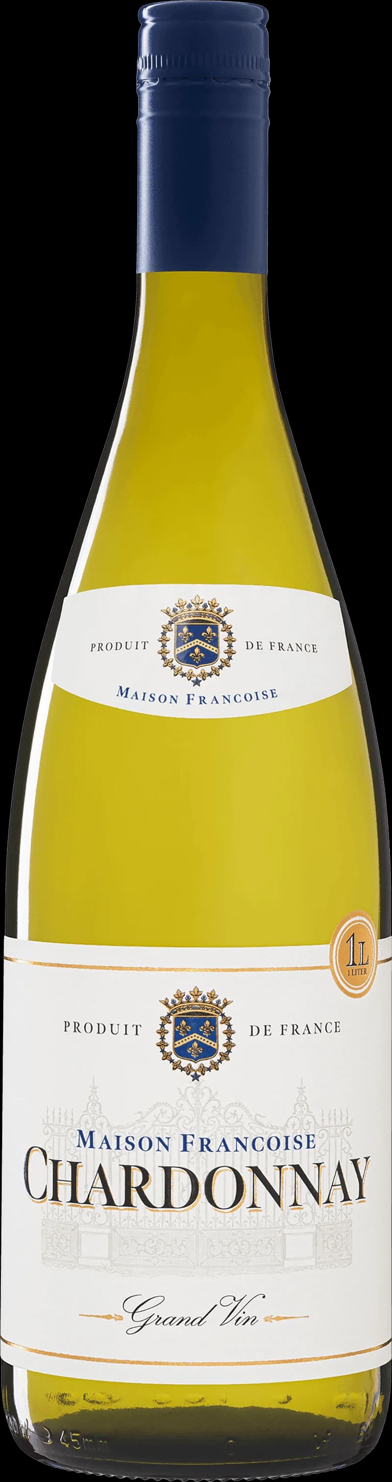 Flaska med Maison Françoise vitt vin mot ljus bakgrund