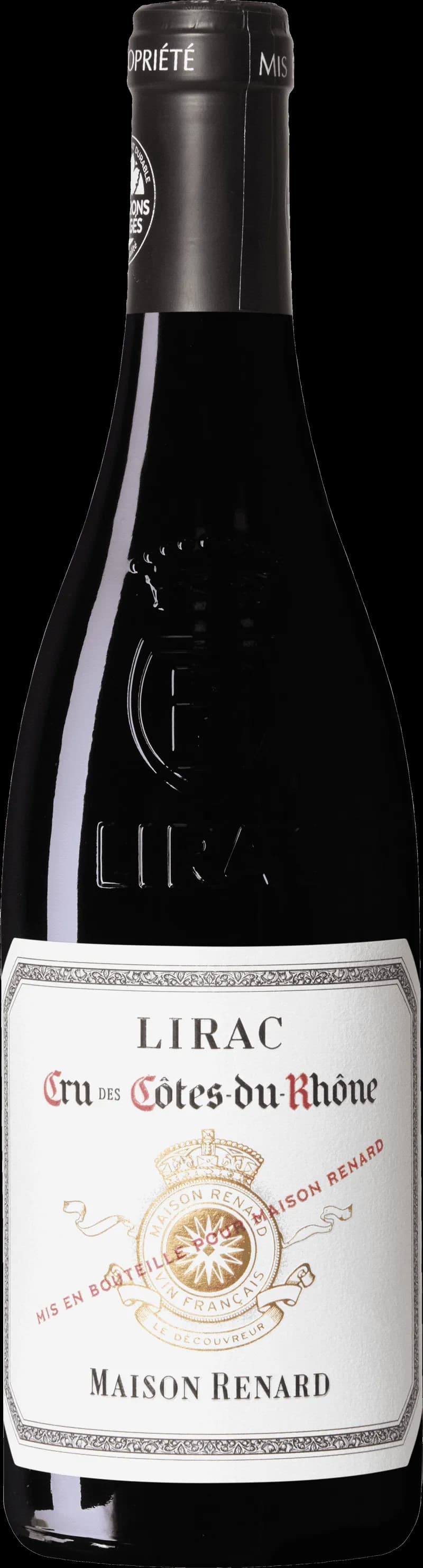 Flaska av Maison Renard rött vin mot mörk bakgrund.