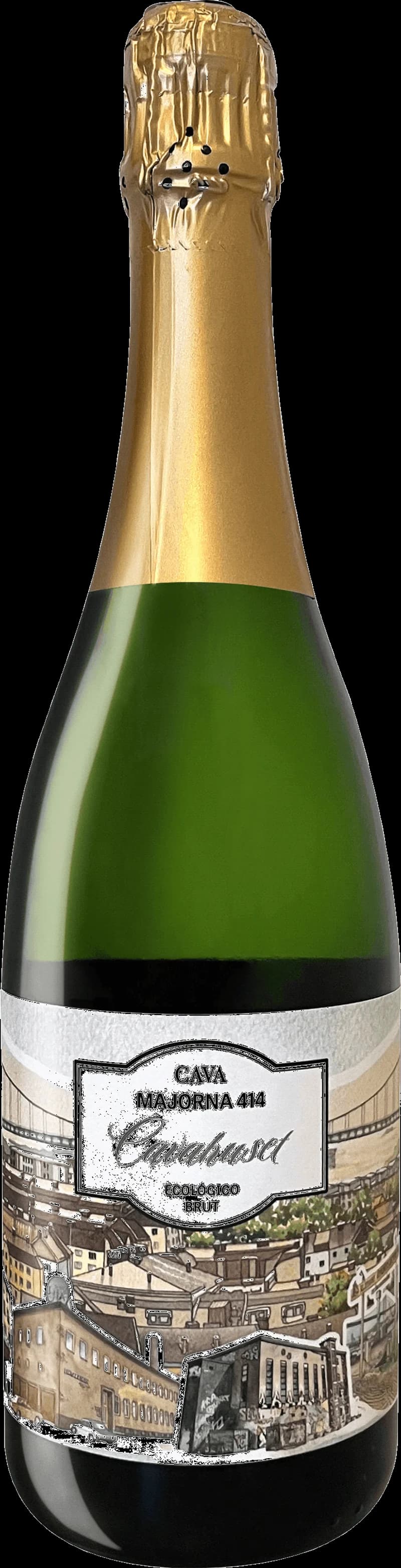 Flaska Majorna 414 Cava mousserande vin på vit bakgrund