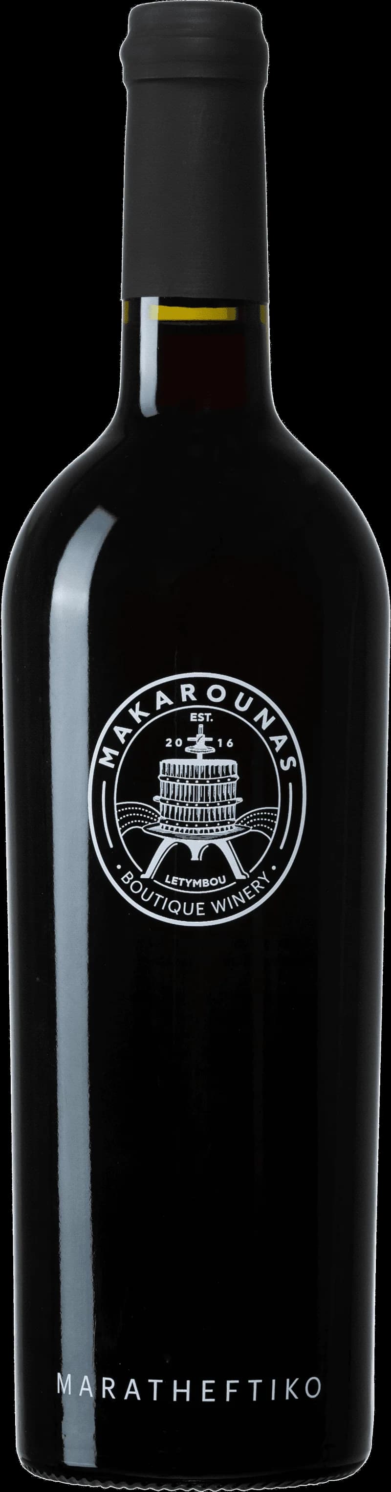 Flaska av Makarounas rött vin mot en mörk bakgrund