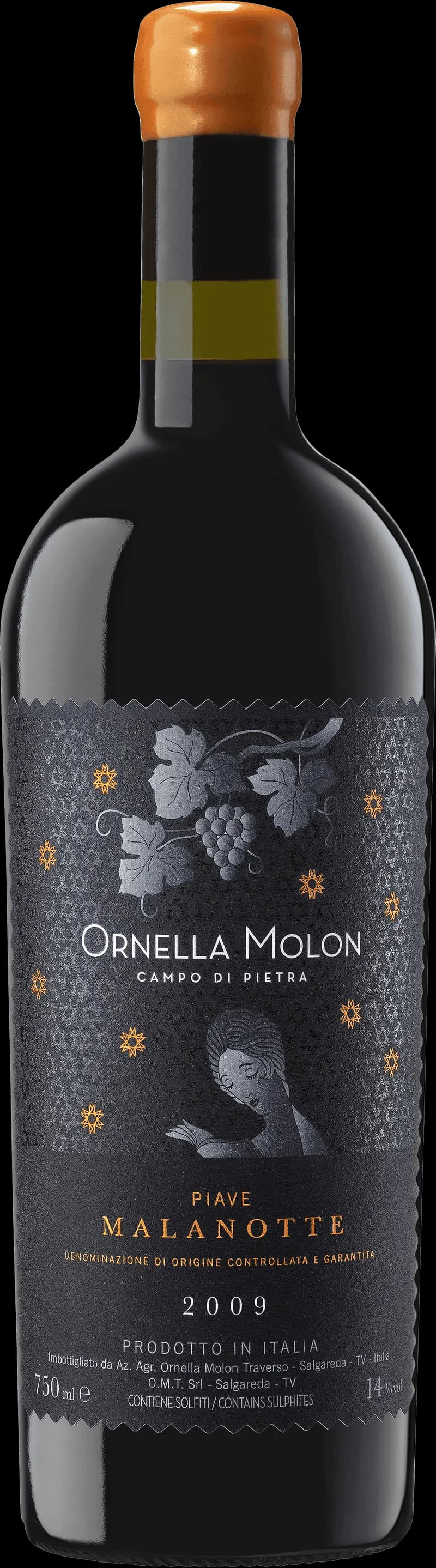 Flaska med Malanotte rött vin mot mörk bakgrund