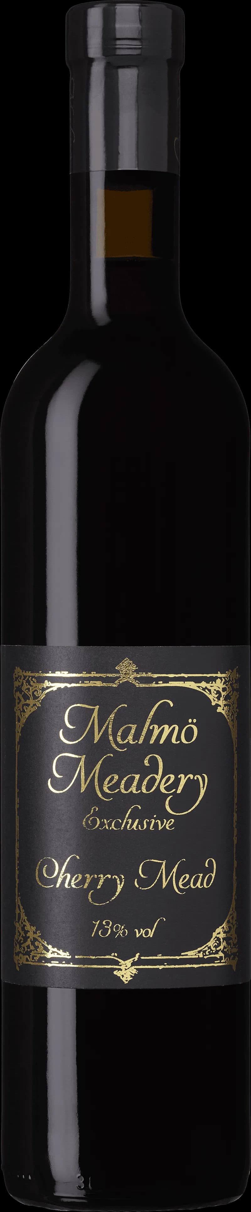 Flaskor från Malmö Meadery med smaksatt vin och fruktvin på en hylla.