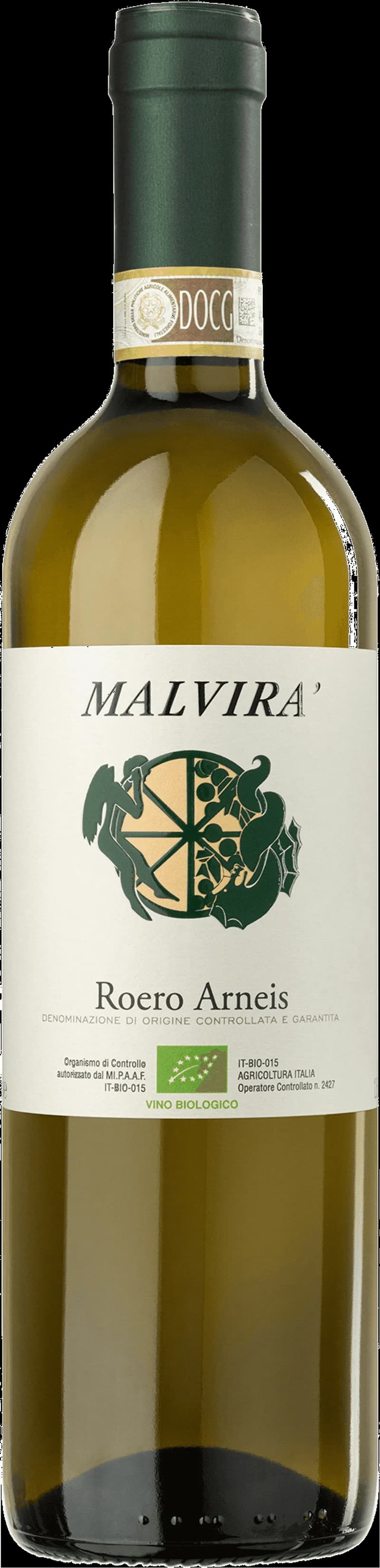 Flaska och glas med Malvir vitt vin på en bricka.