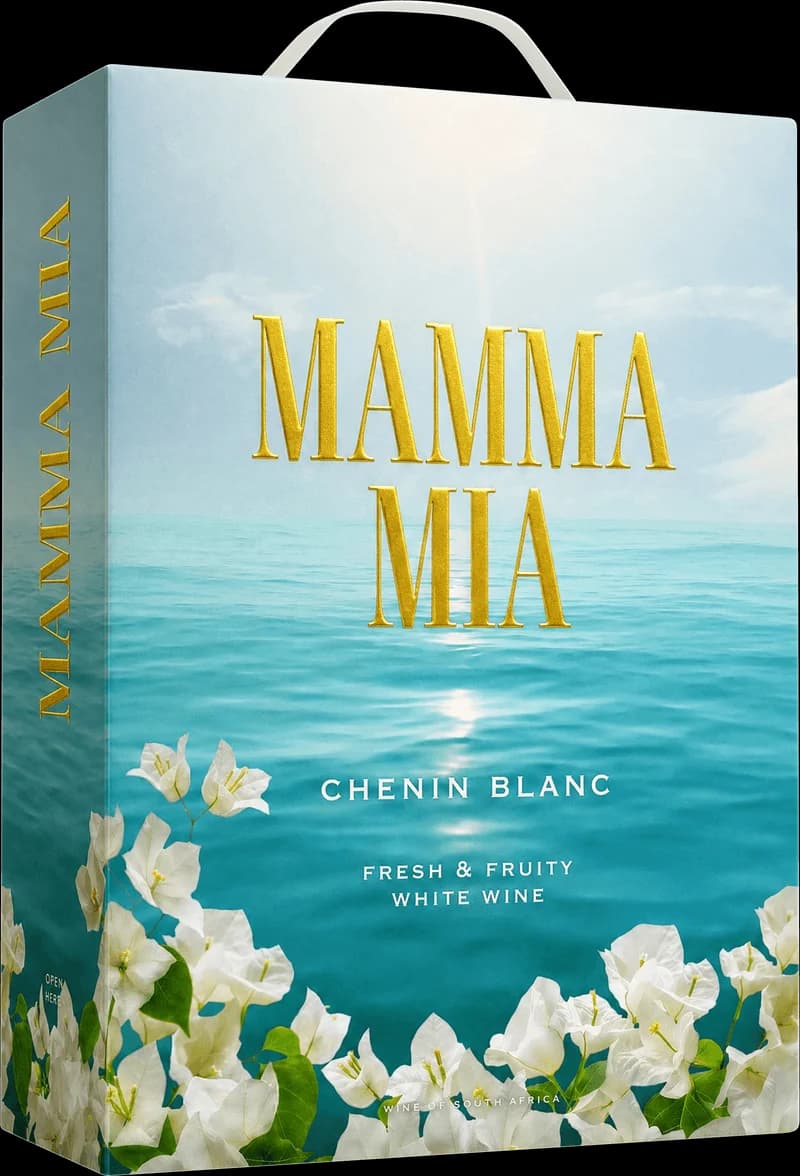 Flaska av Mamma Mia vitt vin på en ljus bakgrund