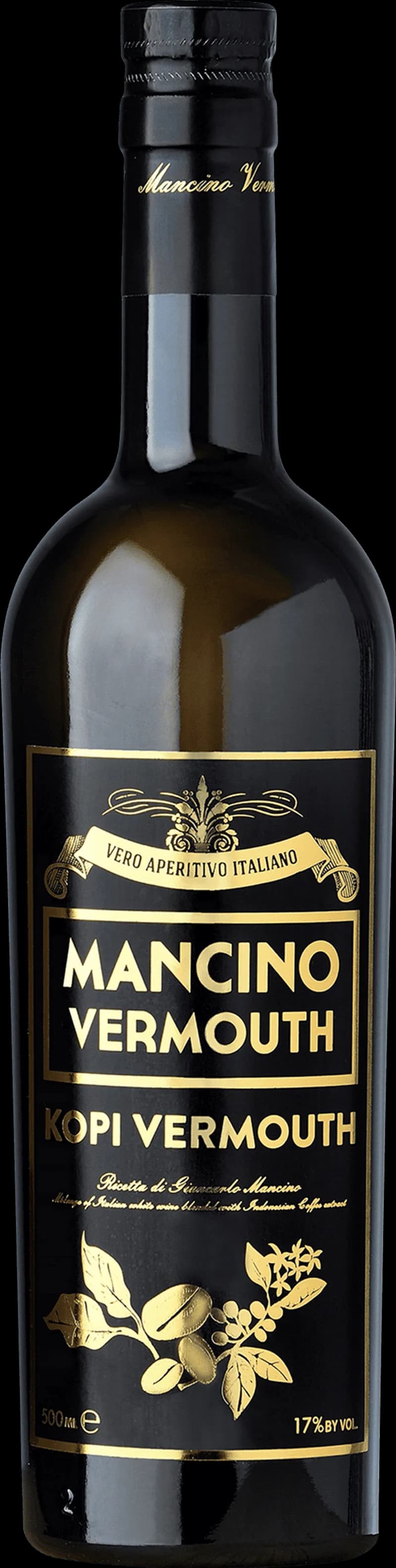 Flaska Mancino vermouth mot mörk bakgrund