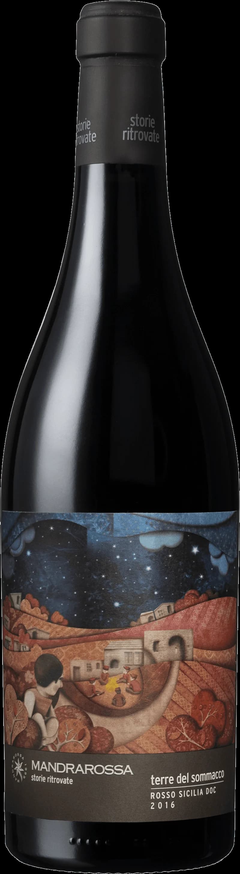 Flaska av Mandrarossa rött vin mot en mörk bakgrund.