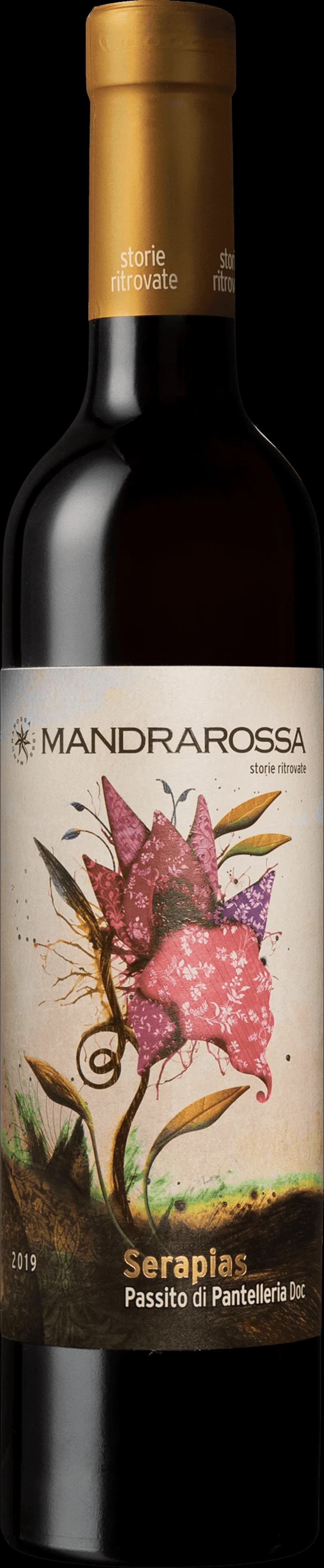 Flaska av Mandrarossa Serapias vitt vin mot en neutral bakgrund.
