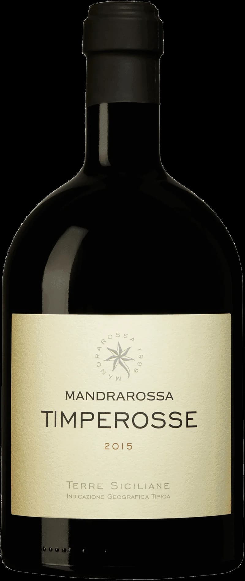 Flaska av Mandrarossa Timperosse rött vin mot mörk bakgrund