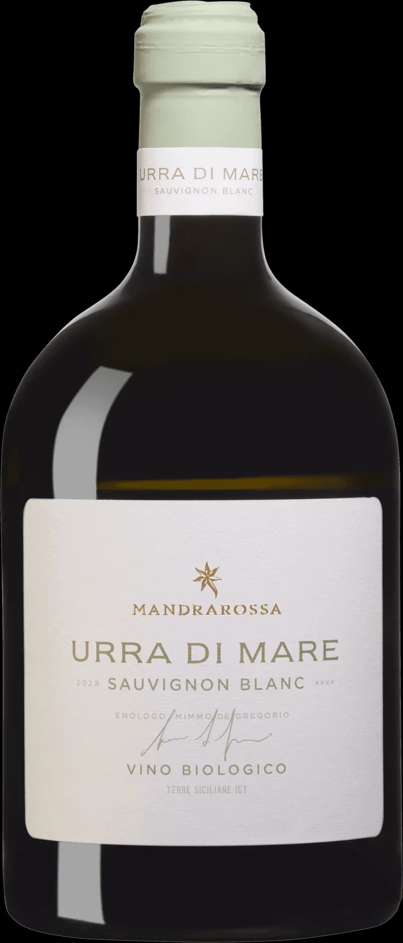 Flaska av Mandrarossa Urra di Mare vitt vin mot ljus bakgrund.