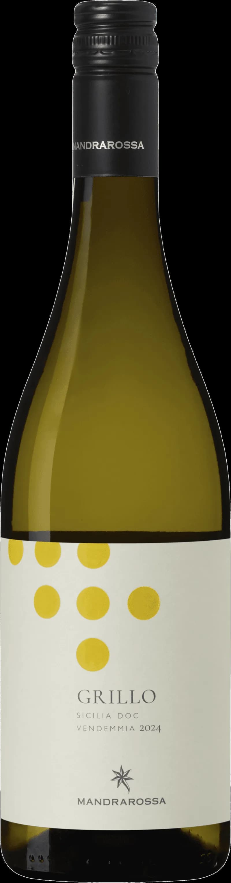 Flaska med Mandrarossa vitt vin mot ljus bakgrund